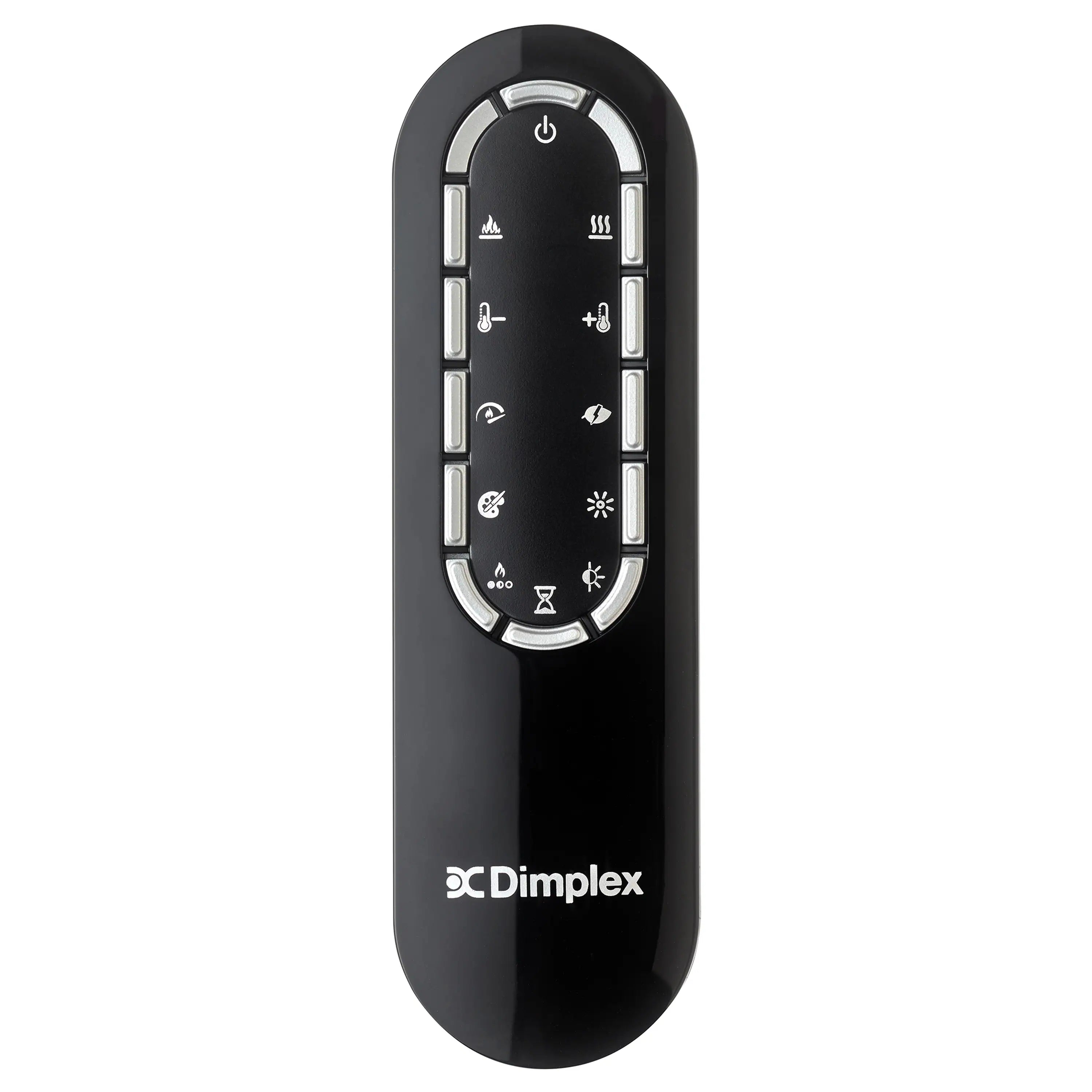 Handheld fireplace remote control, black with Dimplex button icons