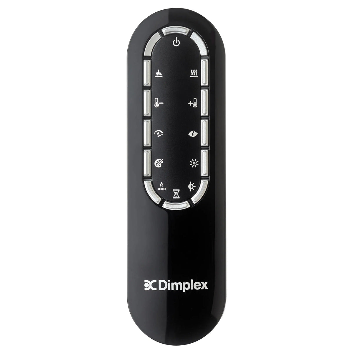 Black Dimplex remote control with circular button cluster and function icons