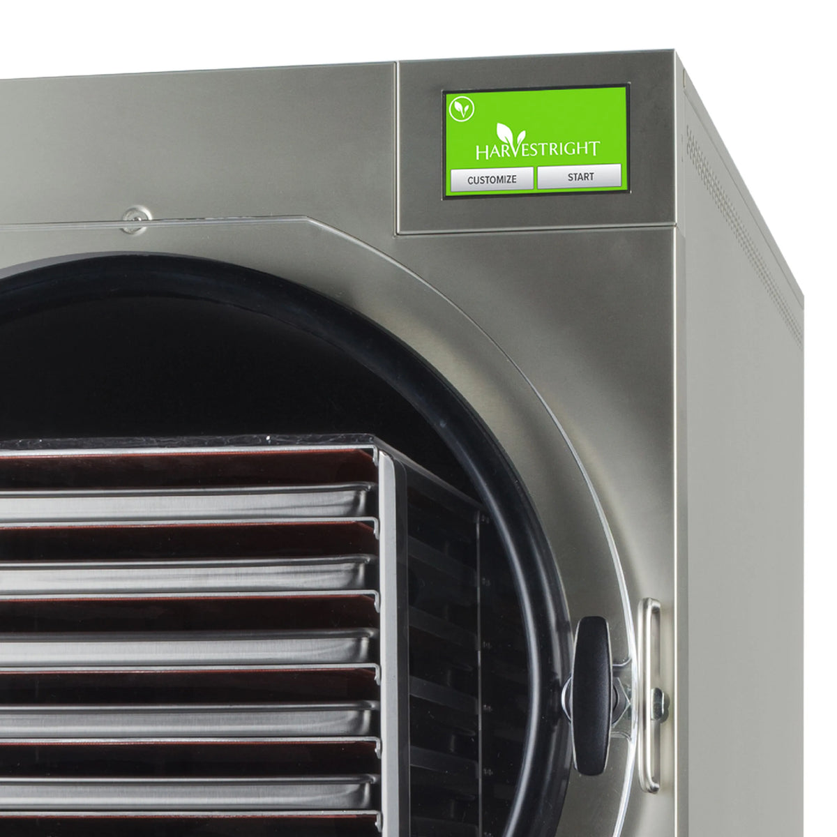Freeze dryer door window and control panel with buttons on stainless steel unit