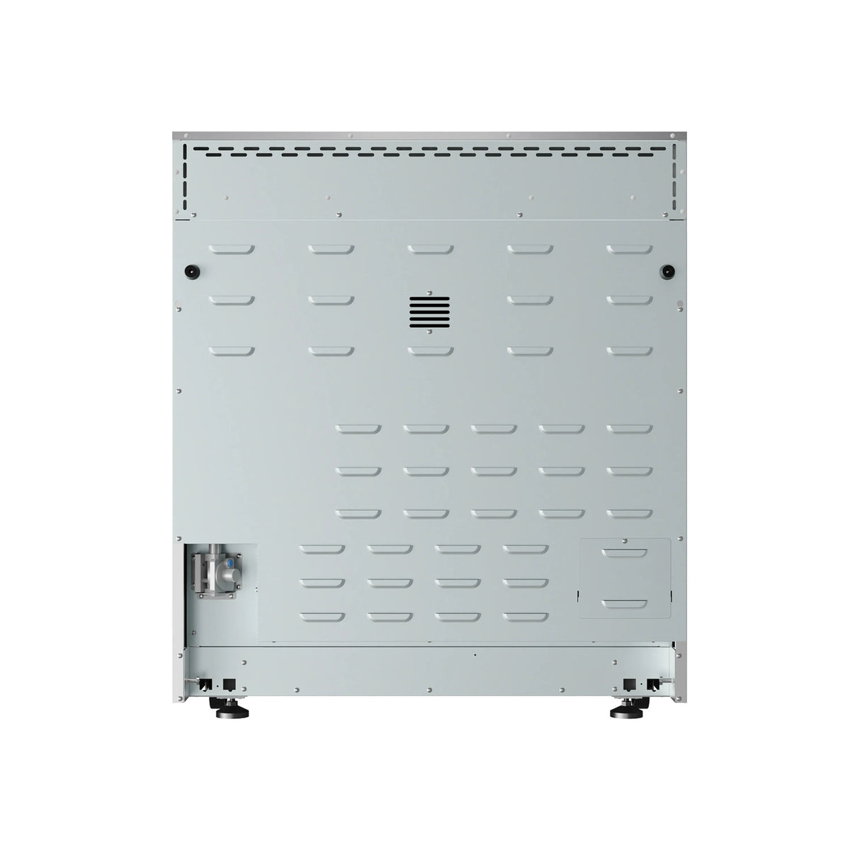 Dual fuel range rear underside panel with vent openings and leveling feet