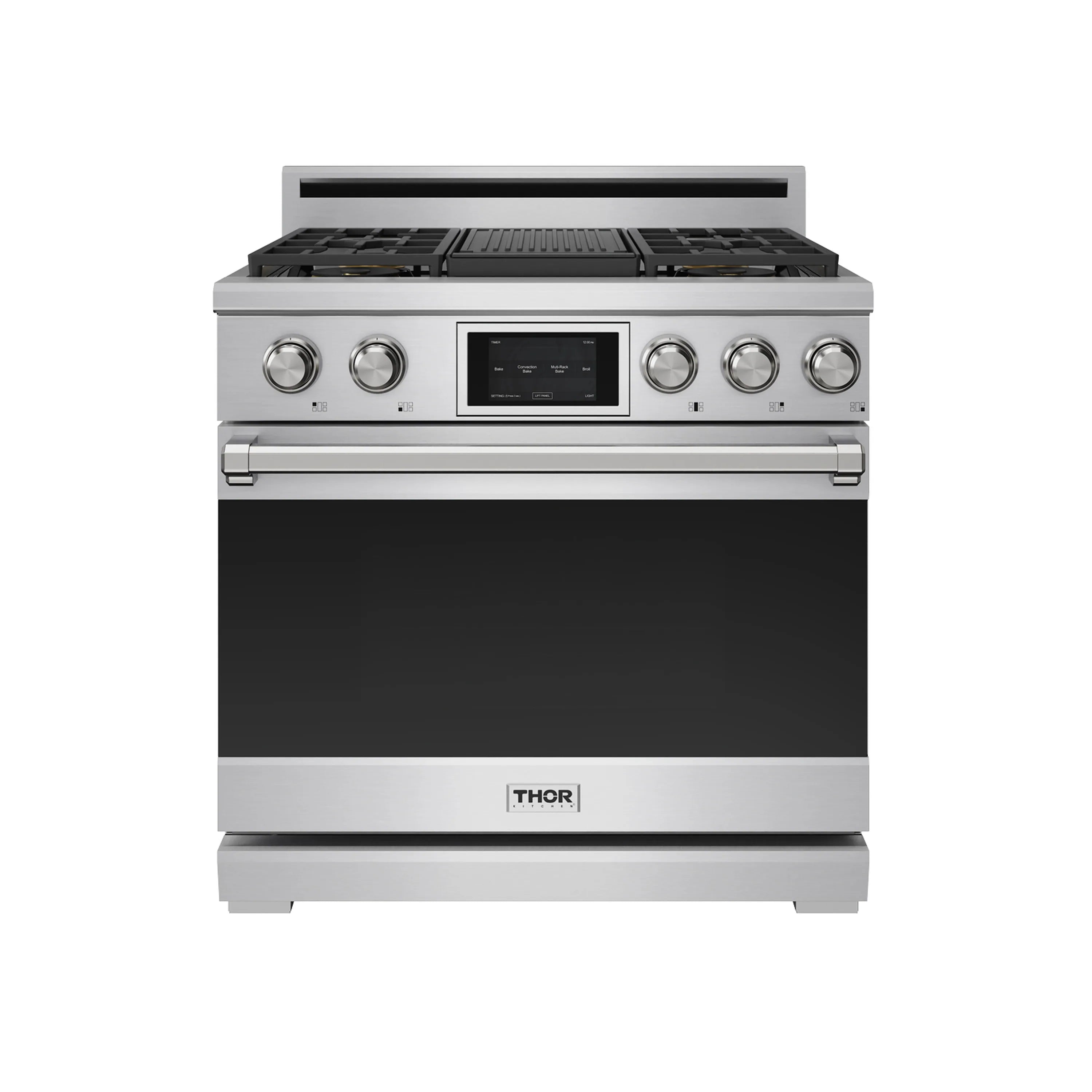 Stainless steel dual-fuel range with five burners and digital control panel