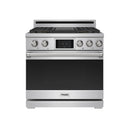 Stainless steel dual fuel range with black oven door and Thor logo on the front