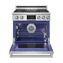 Stainless steel dual fuel range with oven door open showing racks and ventilation fan