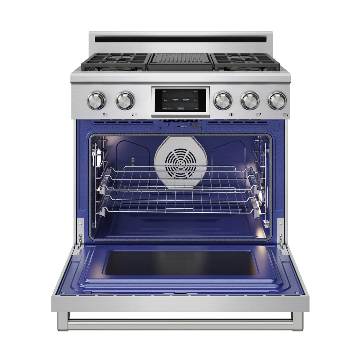 Stainless steel dual-fuel range with oven door open and blue interior lighting