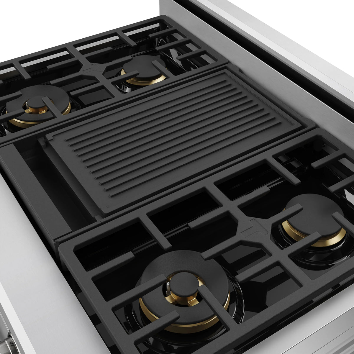 Dual fuel range cooktop with black grates and four visible burner caps