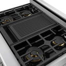 Dual fuel range cooktop with black grates and four visible burner caps