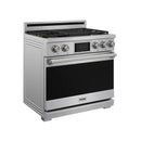 Stainless steel dual fuel range with 5-burner cooktop, black oven door, control knobs