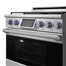 Stainless steel dual fuel range control panel with open oven door and visible rack