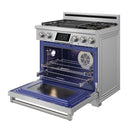 Stainless steel dual fuel range with oven door open, blue interior, wire rack