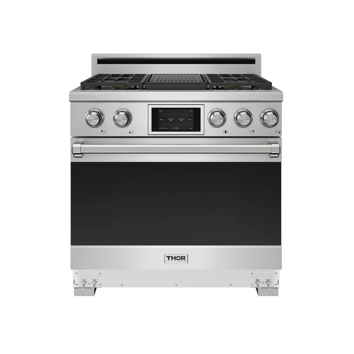 Stainless steel dual fuel range front view with 5-burner cooktop and black oven window