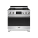 Stainless steel dual fuel range with closed oven door and 5-burner cooktop