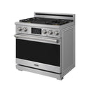 Stainless steel dual fuel range three-quarter view with black oven door and knobs