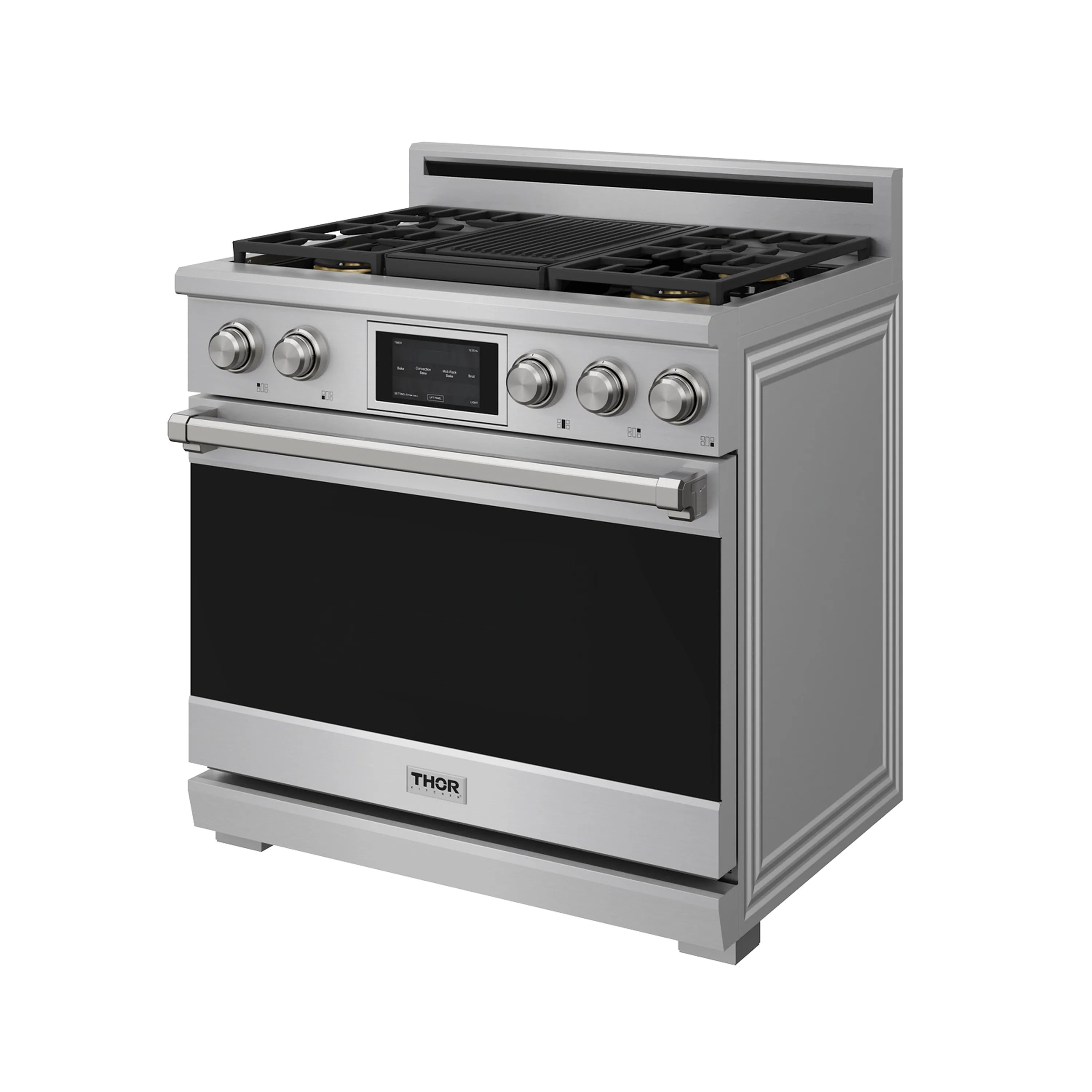 Stainless steel dual fuel range, angled view with black oven door and 5-burner cooktop