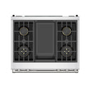 Dual fuel range cooktop top view with black grates and four burner positions