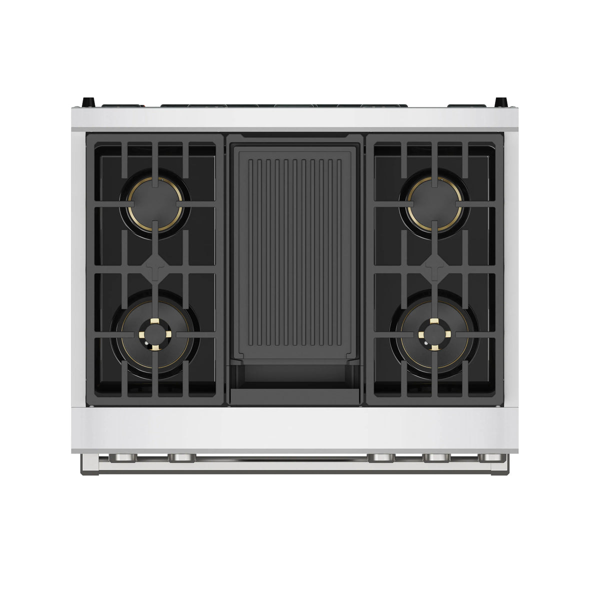 Stainless steel gas cooktop burner layout with grates and center cover