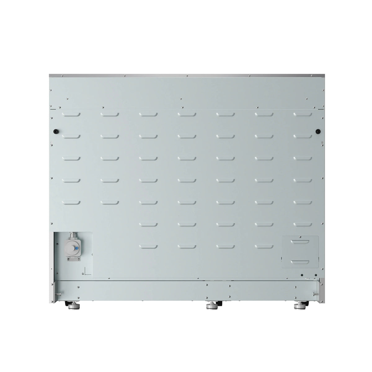 Back panel of a stainless steel range with vent cutouts and mounting feet