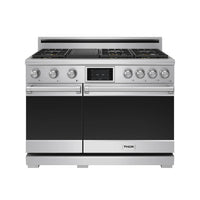 Stainless steel dual fuel range front with two oven doors and control panel