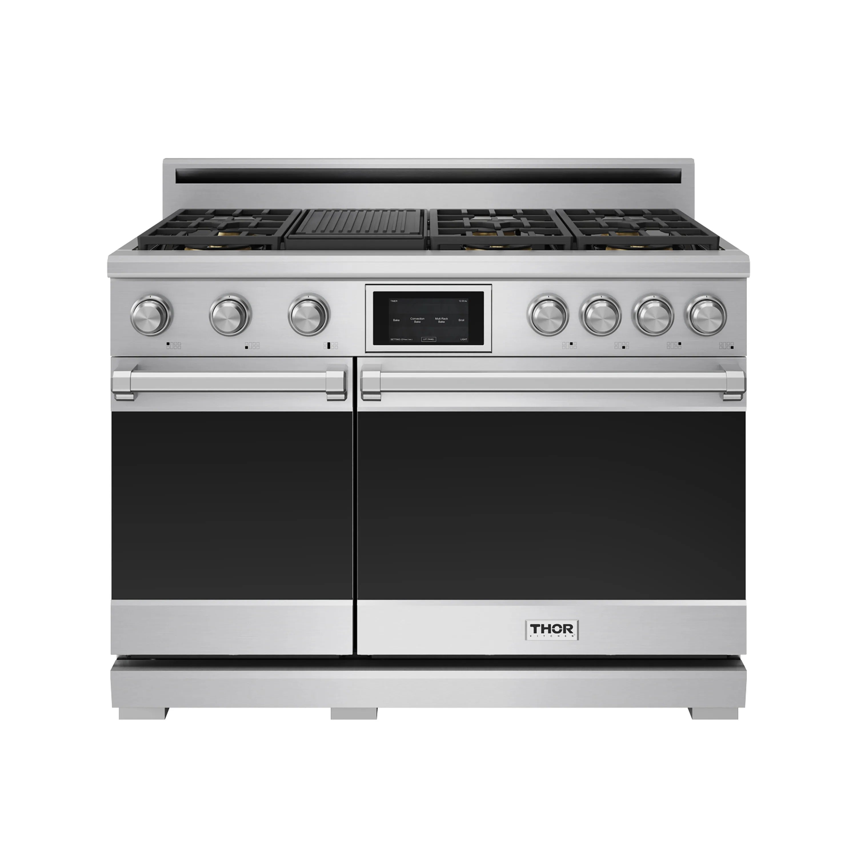 Stainless steel dual-fuel range with black glass control panel and front knobs