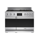 Stainless steel dual fuel range front with two oven doors and control panel