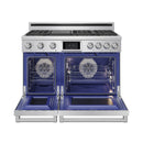 Stainless steel Thor dual fuel range with both ovens open showing racks and fan