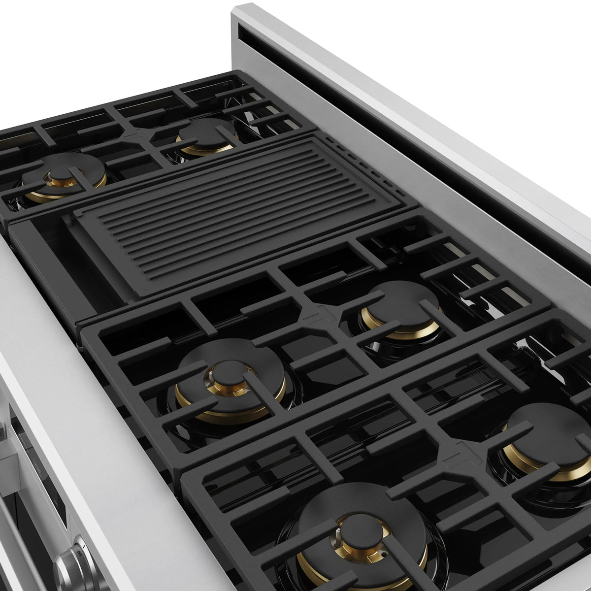 Stainless steel cooktop with black grates and multiple gas burners