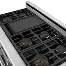 Stainless steel dual fuel range cooktop with cast-iron burner grates and knobs