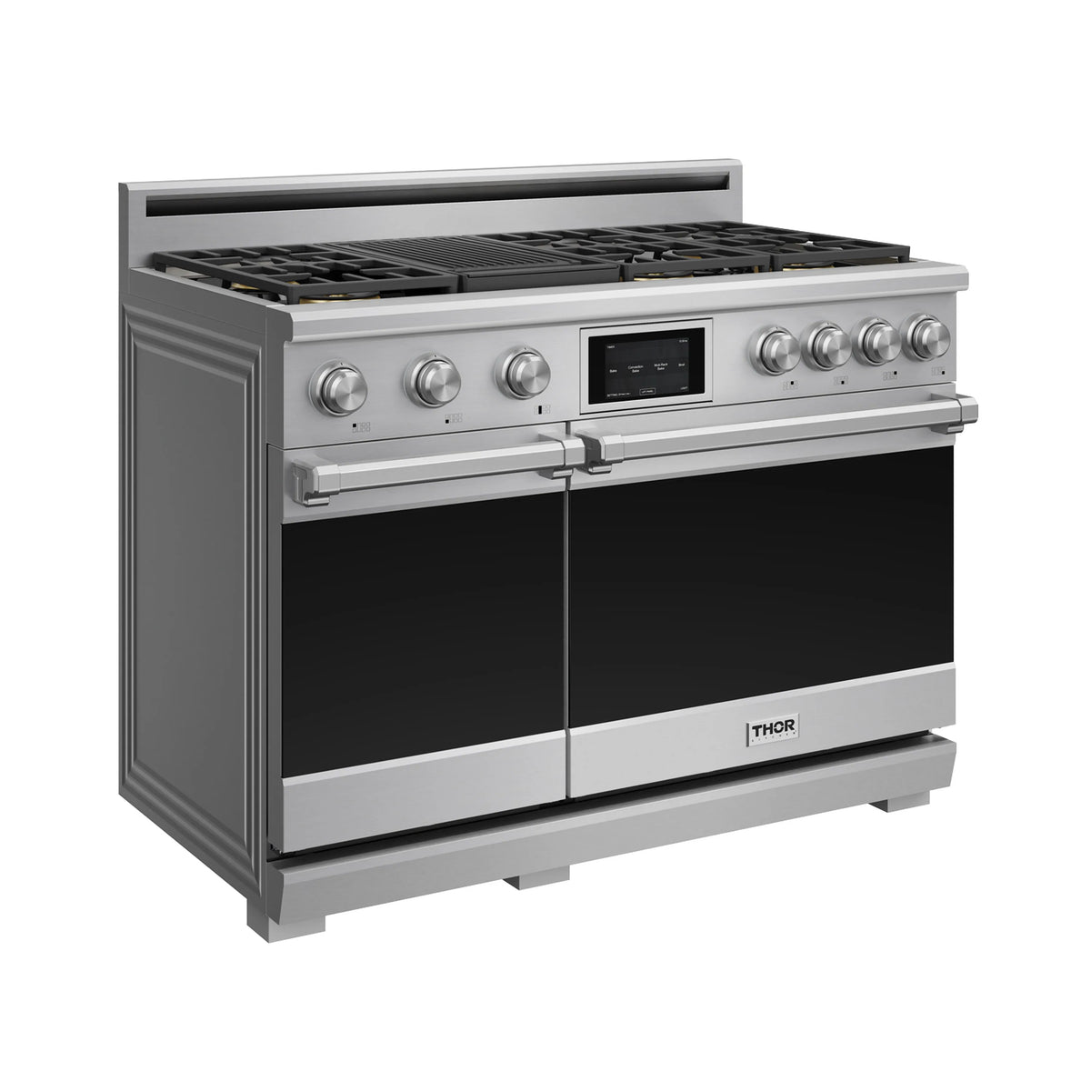 Stainless steel dual fuel range side view with grates and control knobs