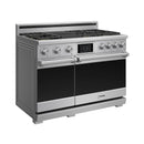 Stainless steel dual fuel range with side panel and oven doors