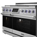 Front view of stainless dual fuel range with display and control knobs