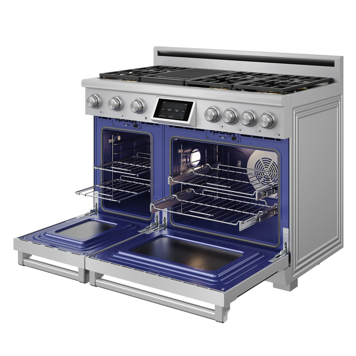 Stainless steel dual fuel range with one open oven door and rack inside