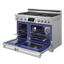 Stainless dual fuel range showing open oven racks and blue interior