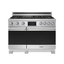 Stainless steel dual fuel range front view with burner grates and digital control panel