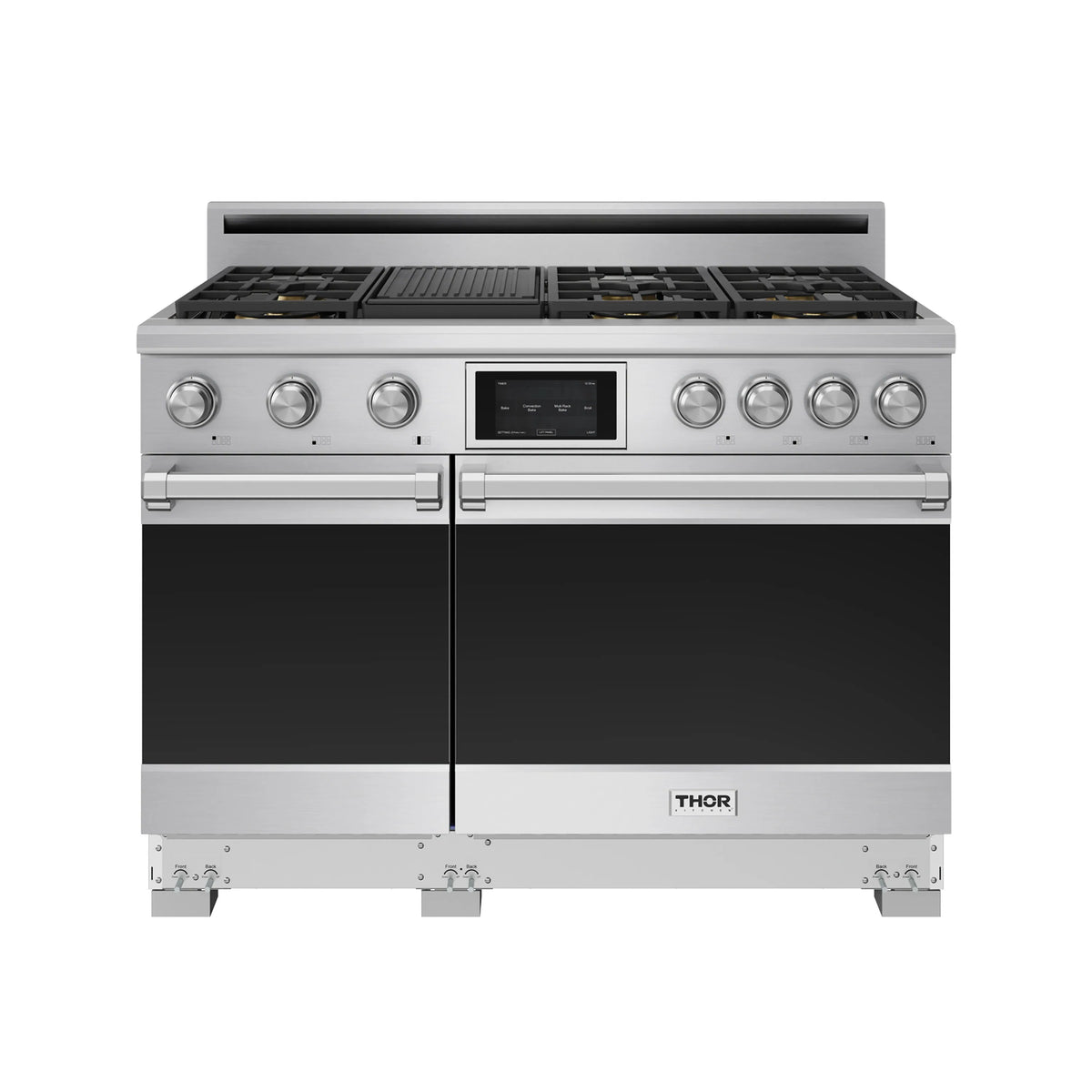 Stainless steel dual fuel range front view with control display and burner knobs