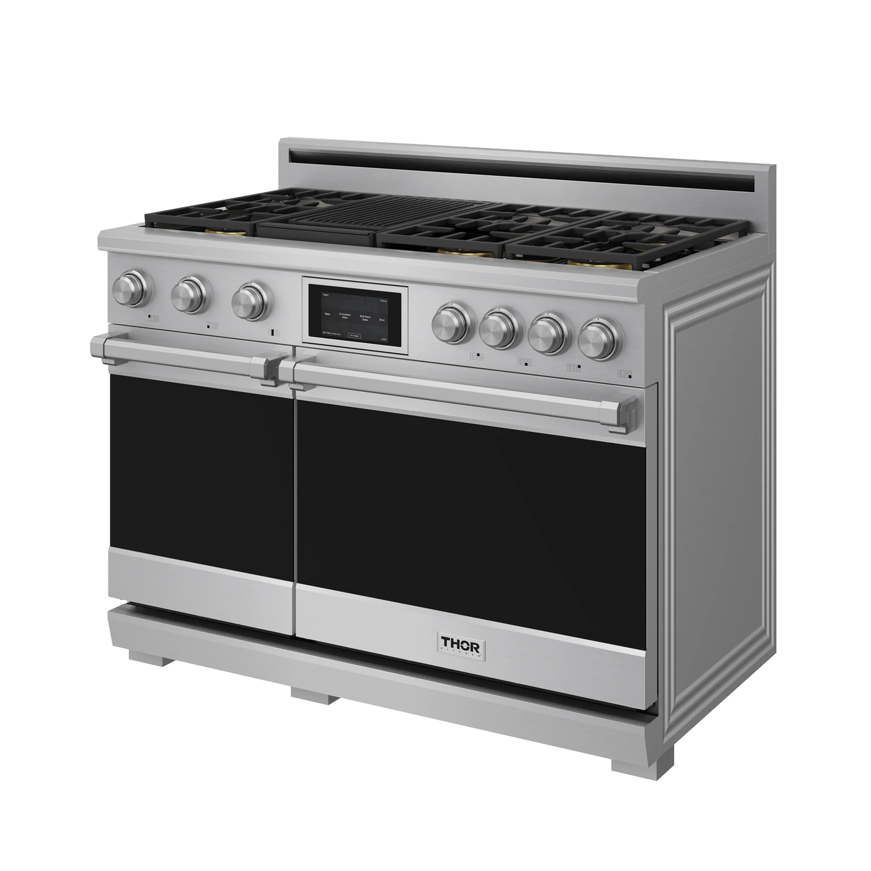 Stainless steel dual fuel range angled view with cooktop and door handles