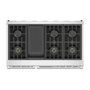 Stainless steel dual fuel range cooktop with six burners and center griddle-style panel