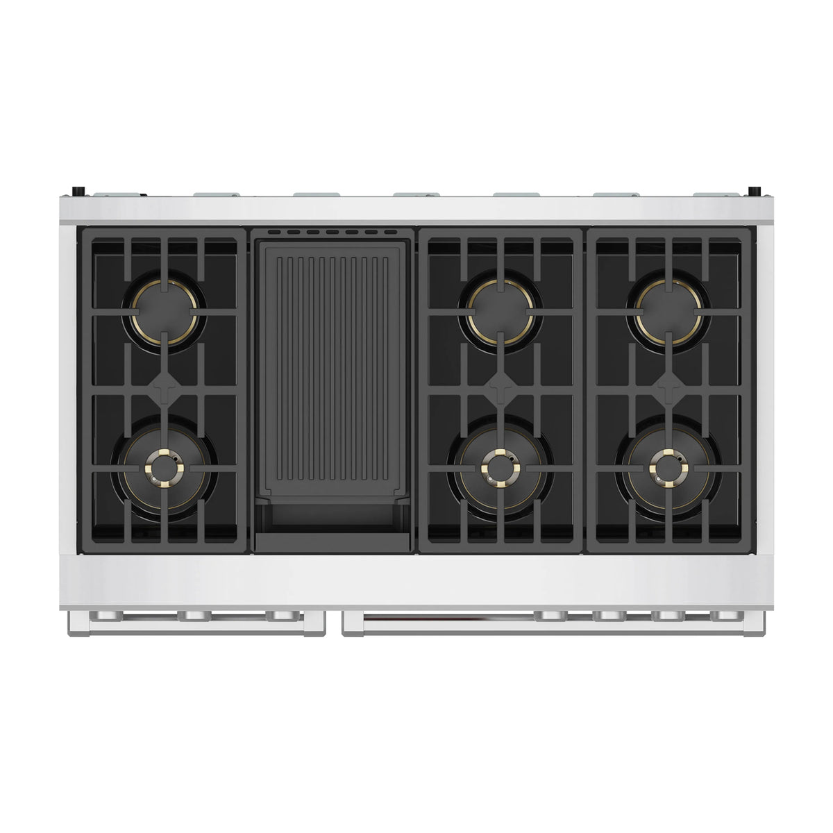 Dual-fuel range cooktop with six burners and center griddle panel