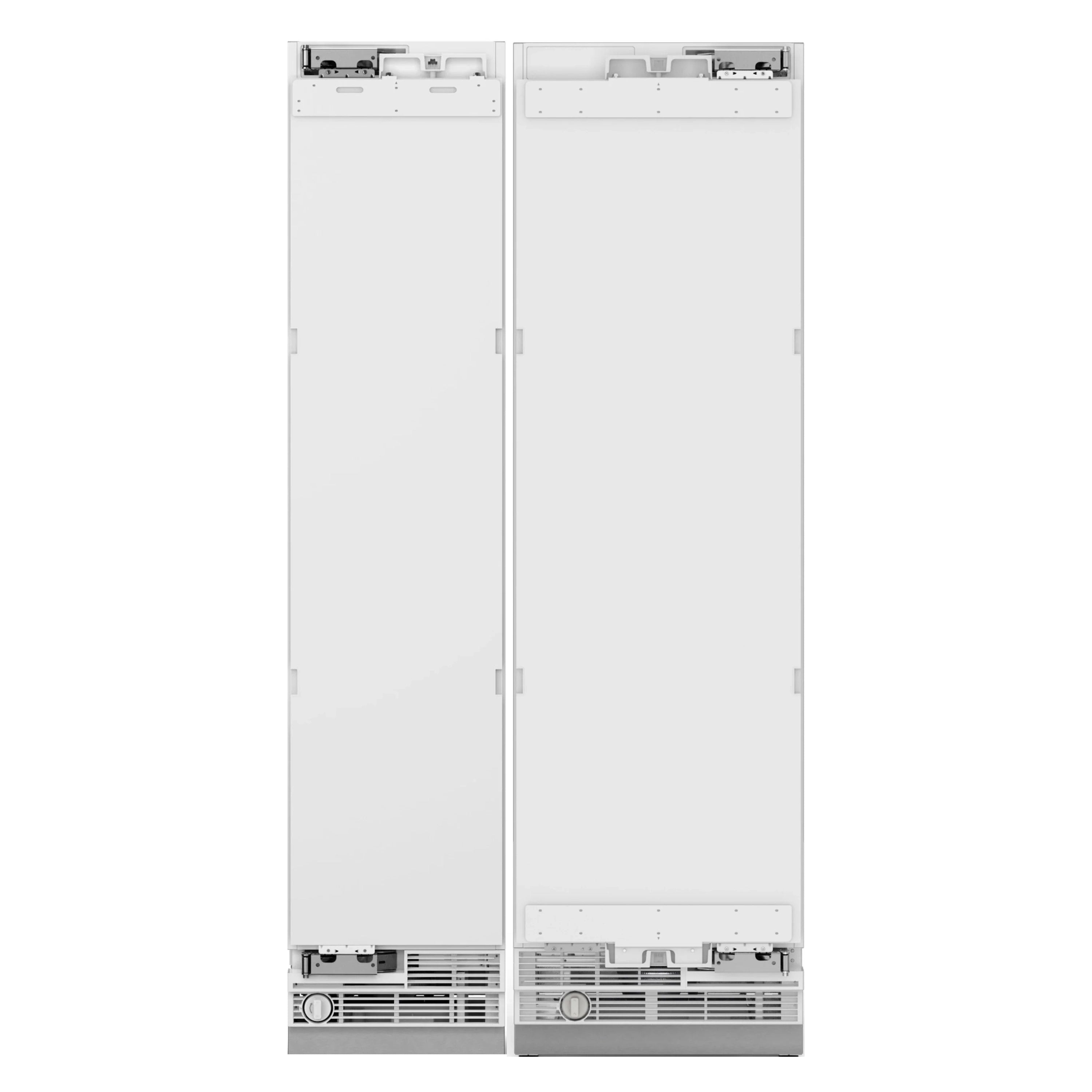 Panel-ready built-in refrigerator-freezer base with lower vents and mounting hardware