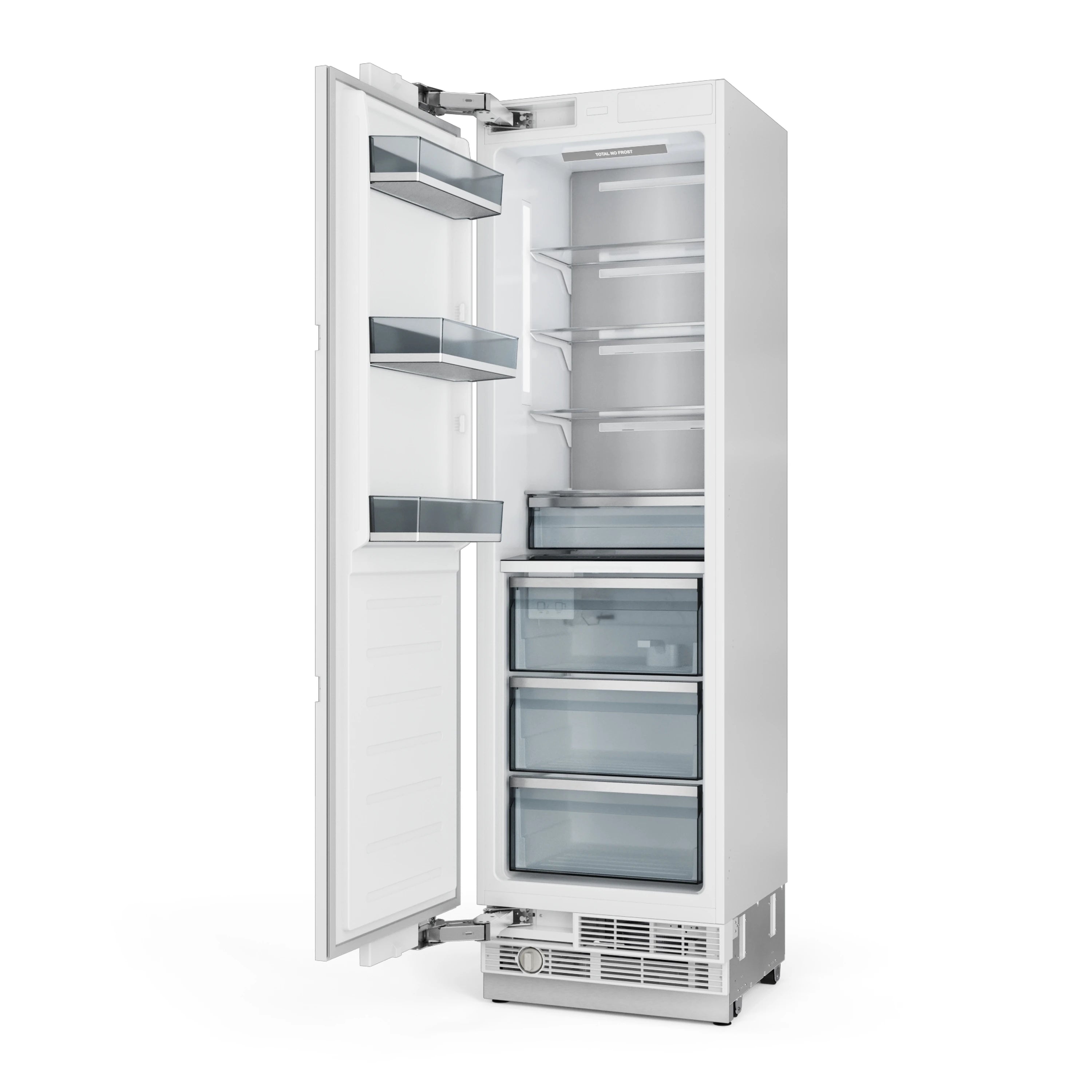 White column freezer open with top shelves and two clear freezer drawers