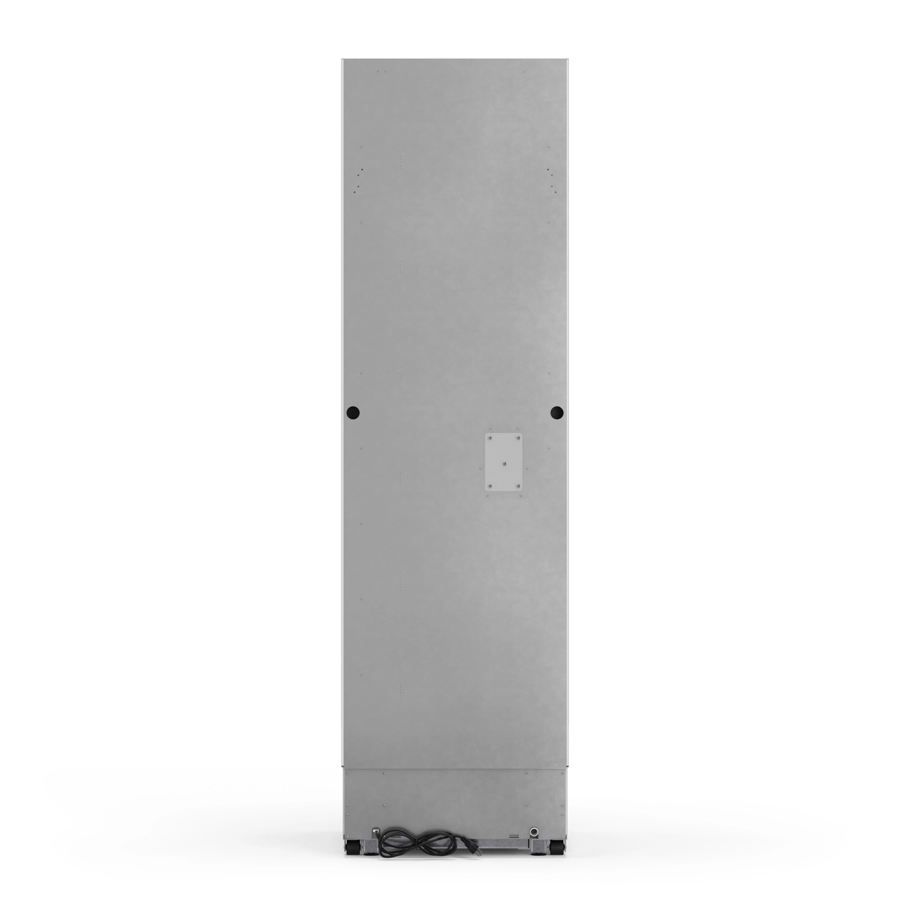 Column freezer back view, rear access panel and power cord at base.