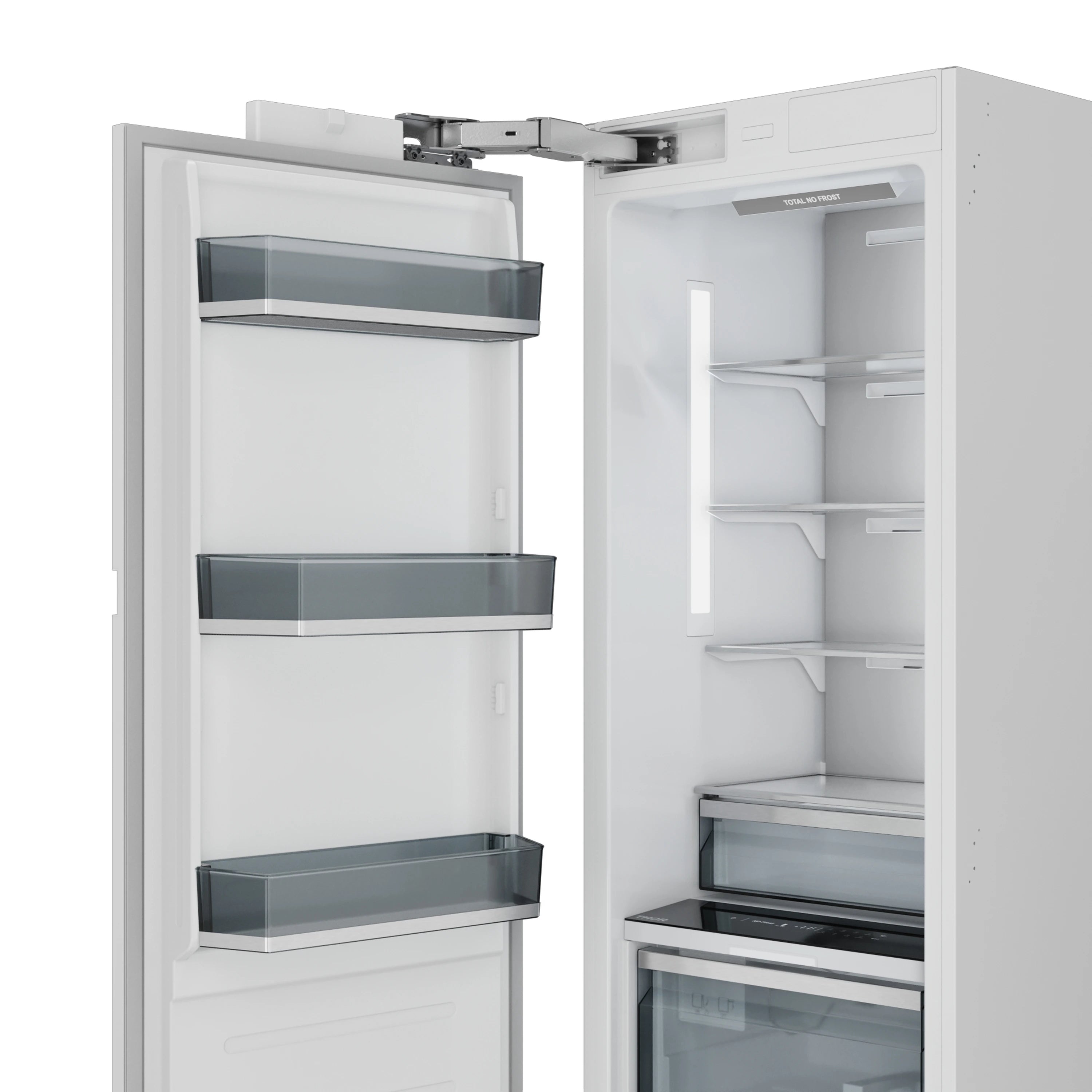 White column freezer open with glass shelves and clear drawers, ice maker access