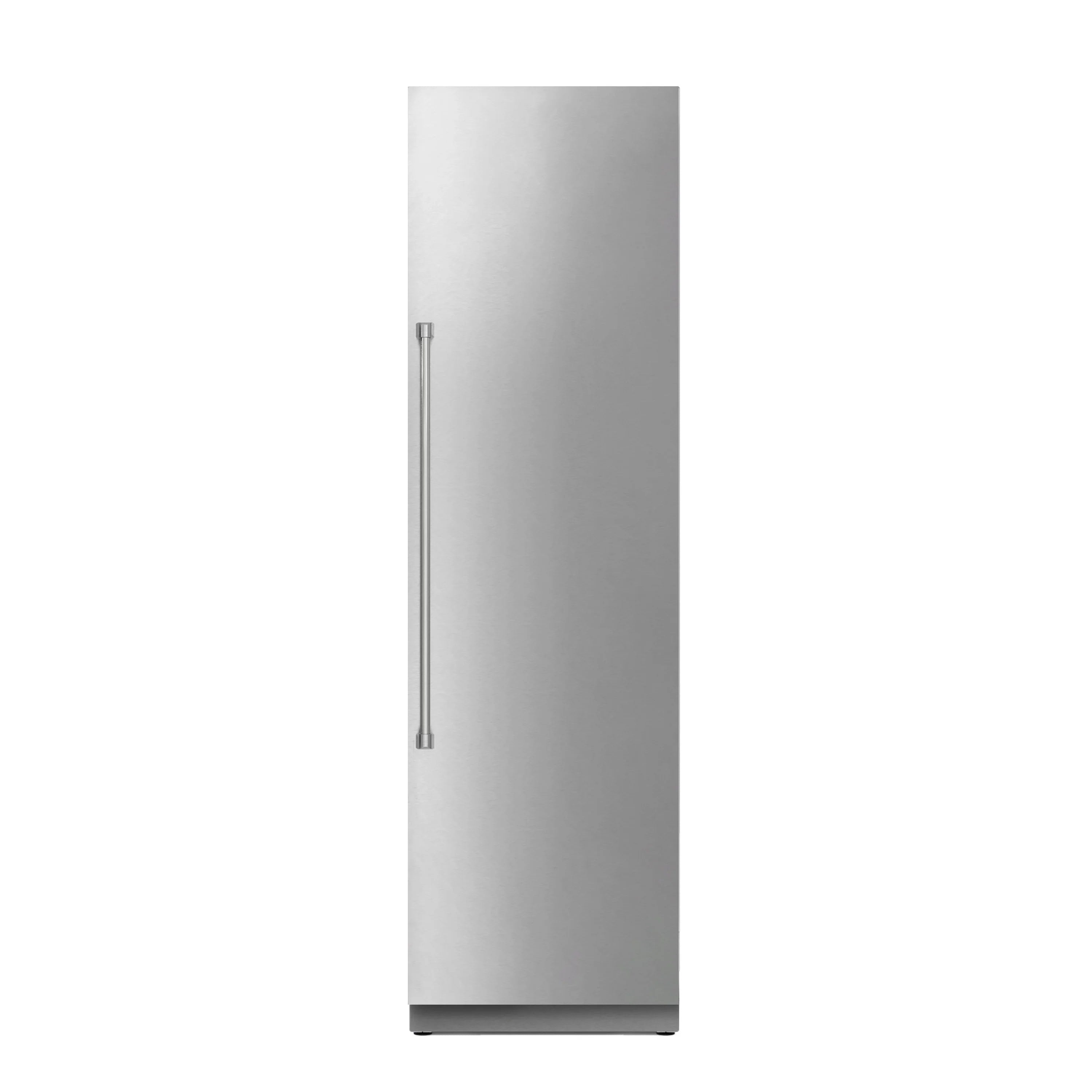 Built-in stainless refrigerator door panel with vertical recessed handle.