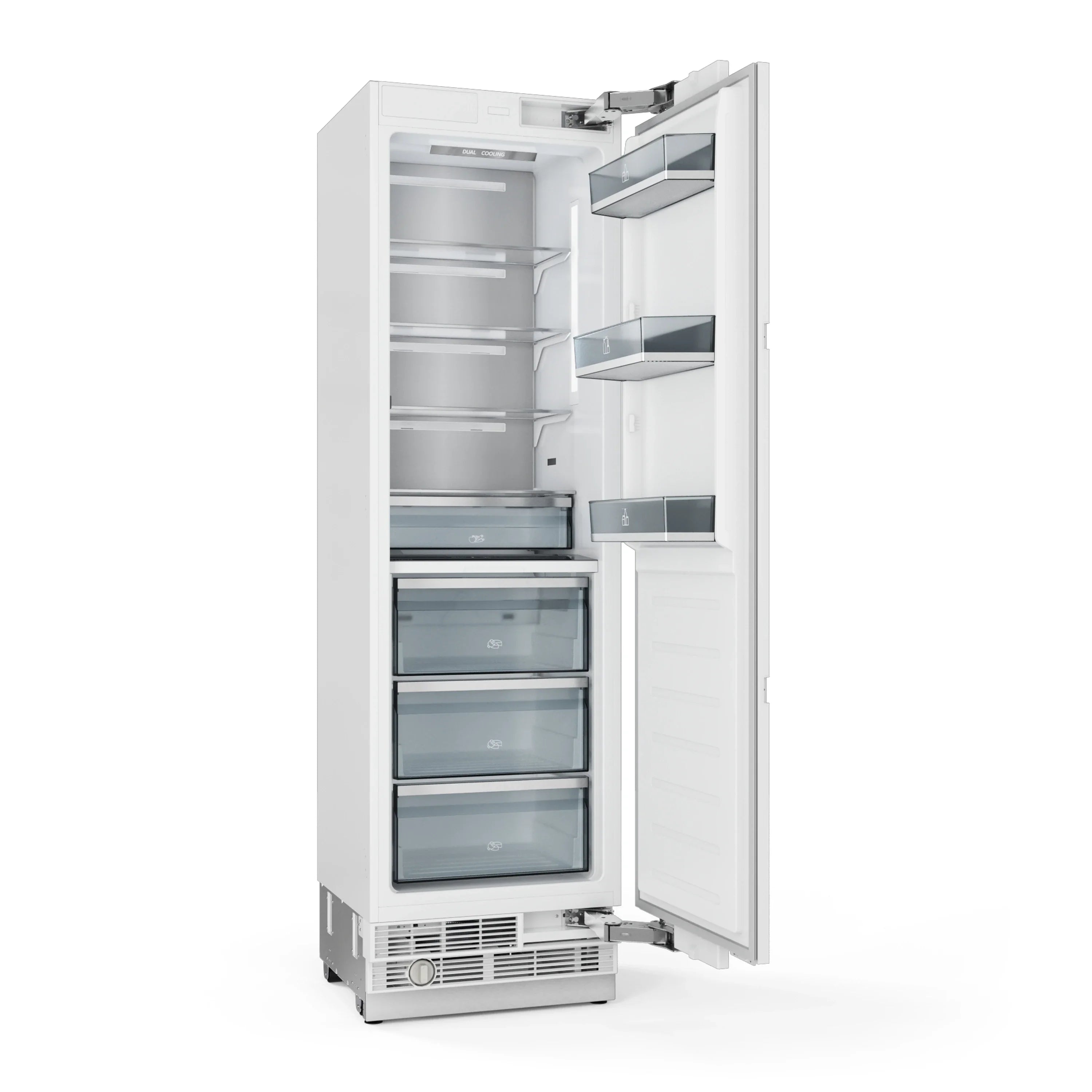 Built-in refrigerator with doors open, interior shelves and drawers visible.