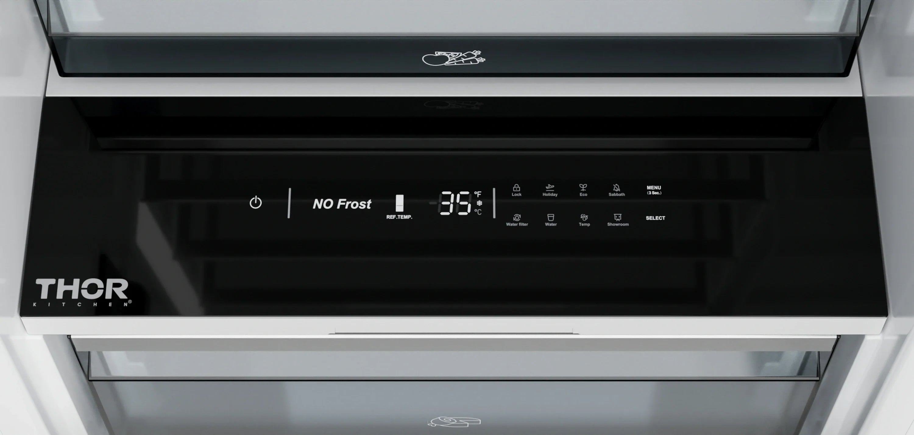 Thor Kitchen built-in refrigerator control panel with No Frost display and buttons.