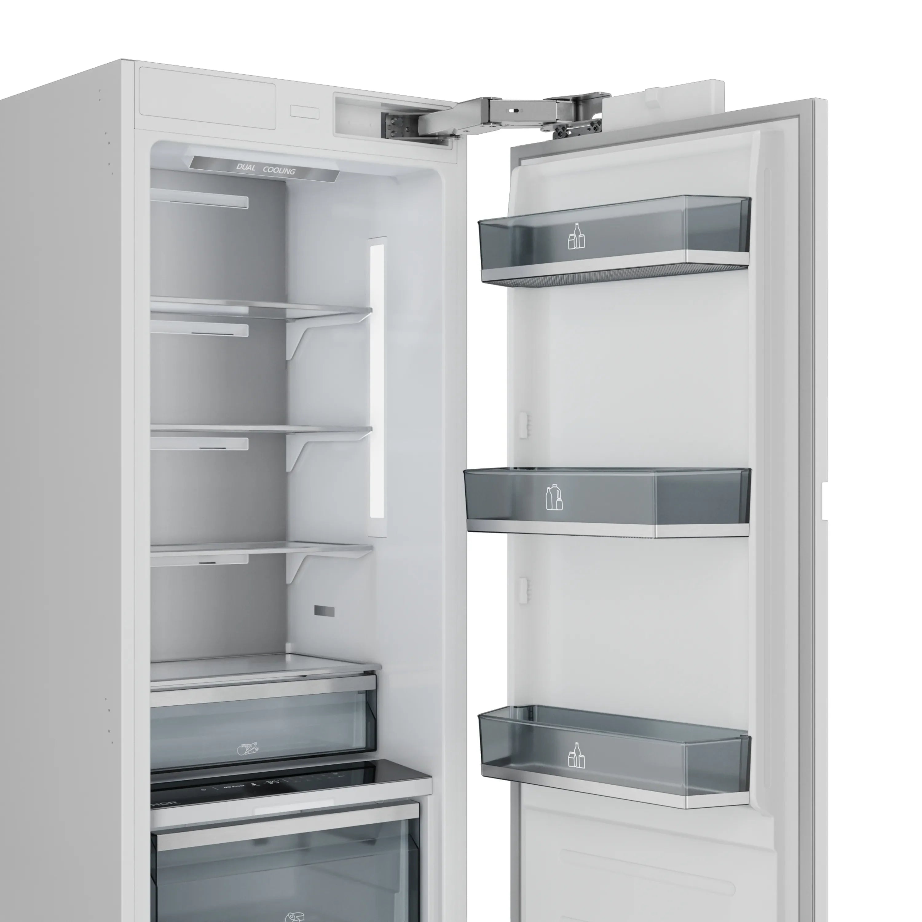 Thor Kitchen built-in column refrigerator-freezer with both doors open, fridge and freezer compartments.