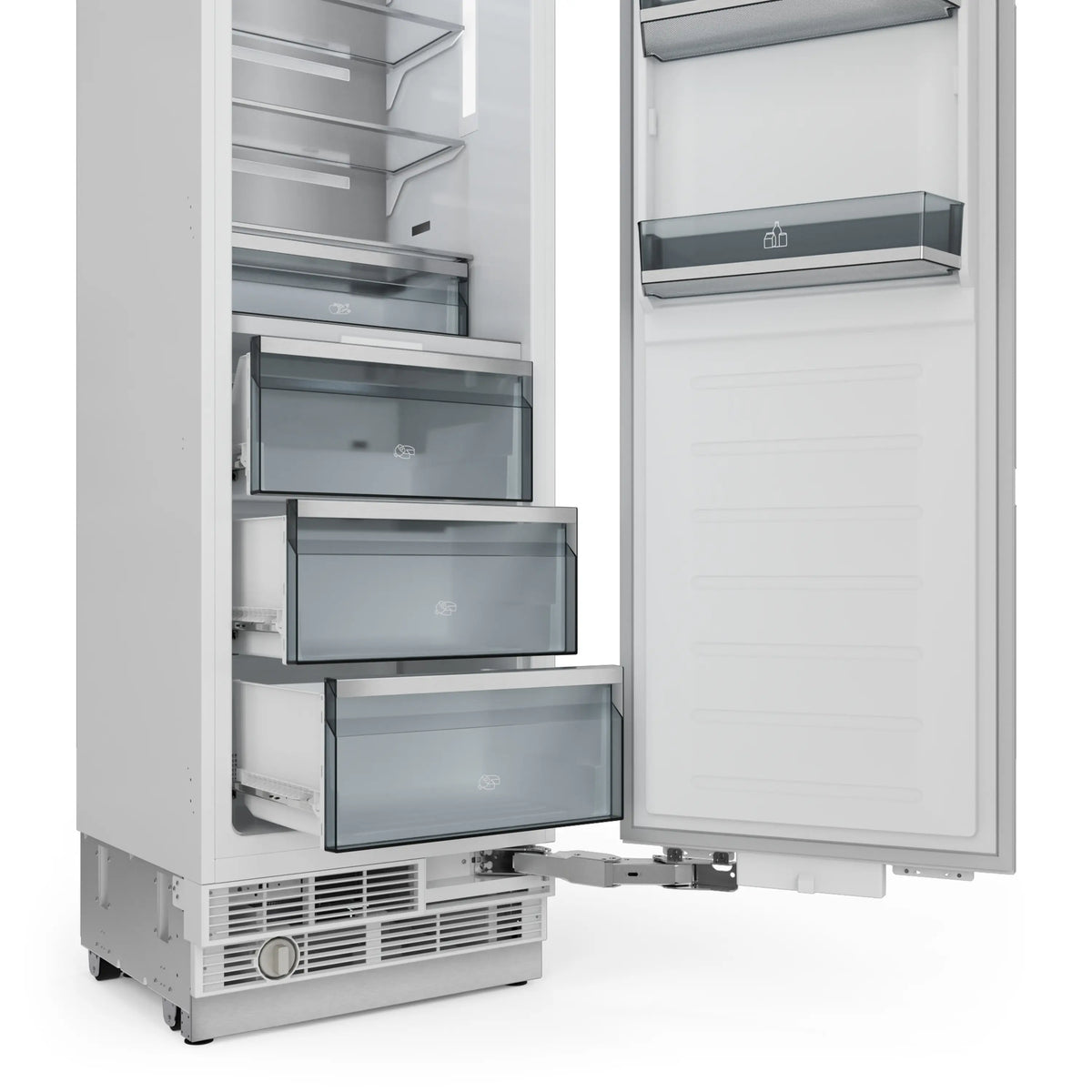 Built-in refrigerator/freezer interior, open door with storage bins and shelves