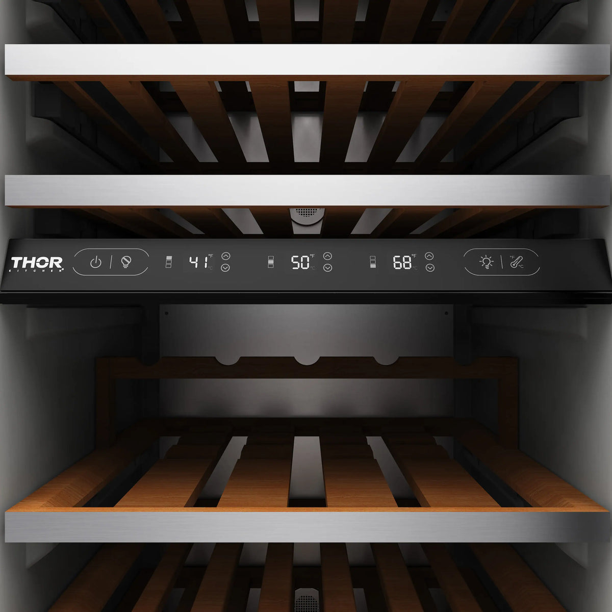 Open wine cooler interior with wooden shelves and stainless steel control panel.