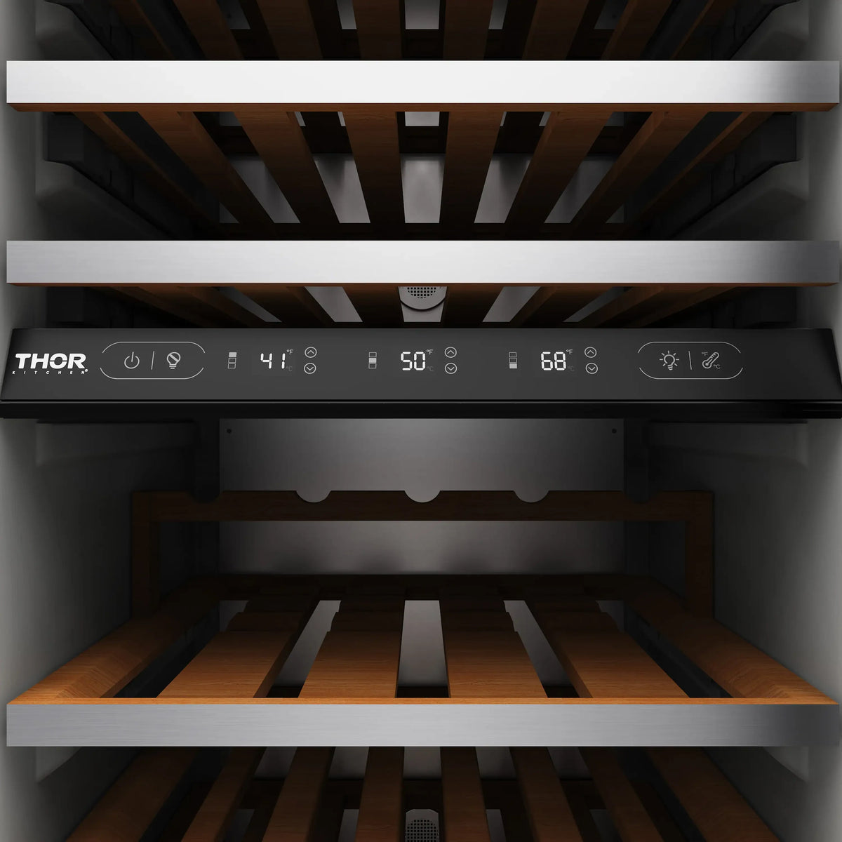 Built-in wine cooler with black control panel and open door, front view with racks inside