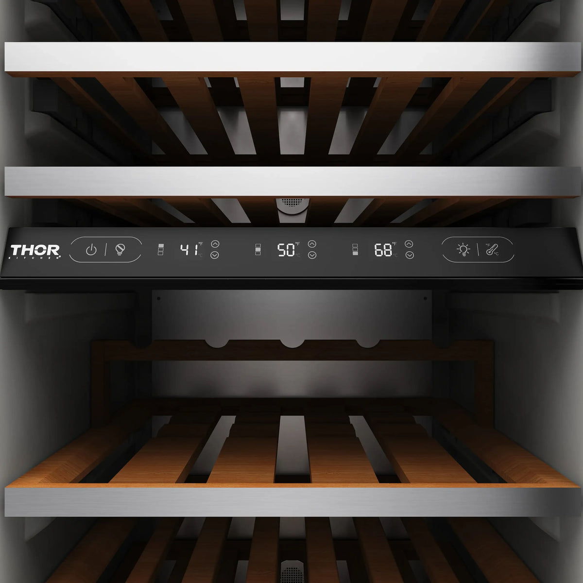 Built-in wine cooler with black control panel and open interior racks, front view