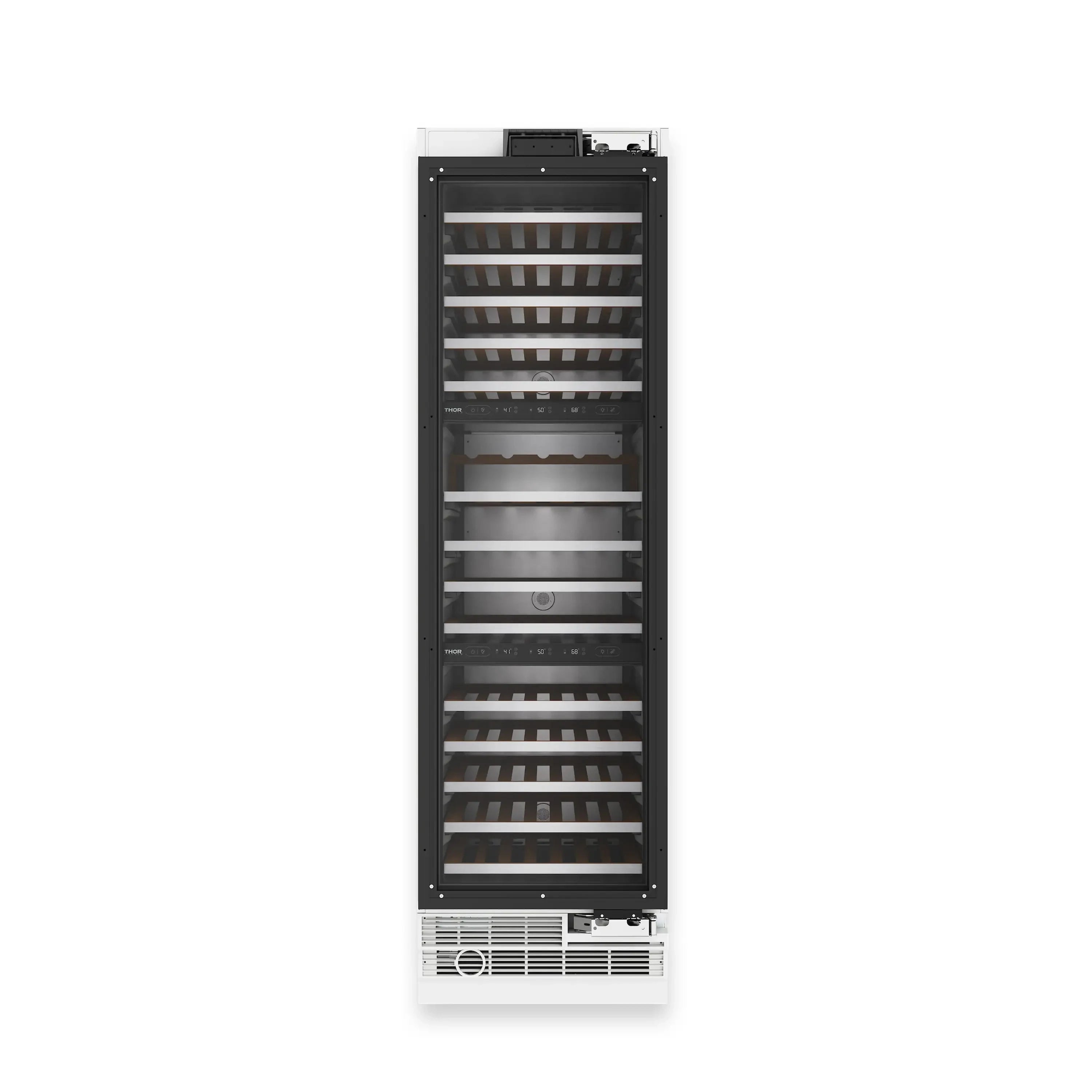 Tall built-in wine cooler with open door and dark interior racks
