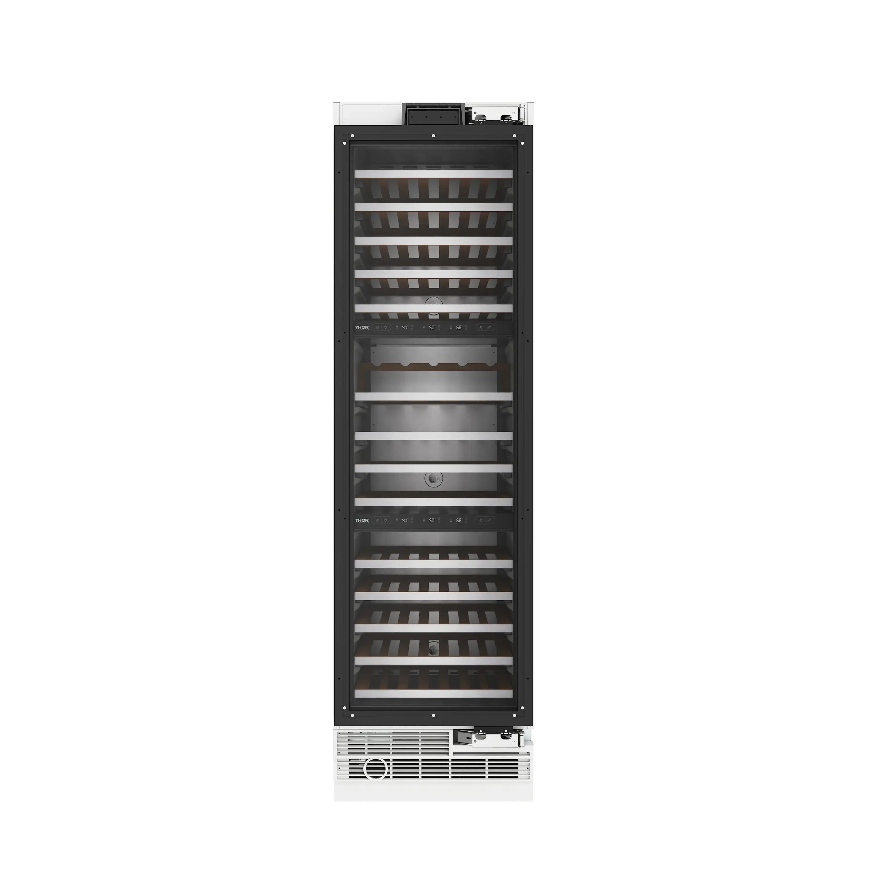 Built-in wine cooler with open door showing multiple bottle shelves